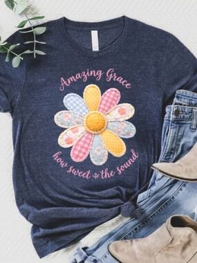 Amazing Grace Flower Tee - Heather Navy